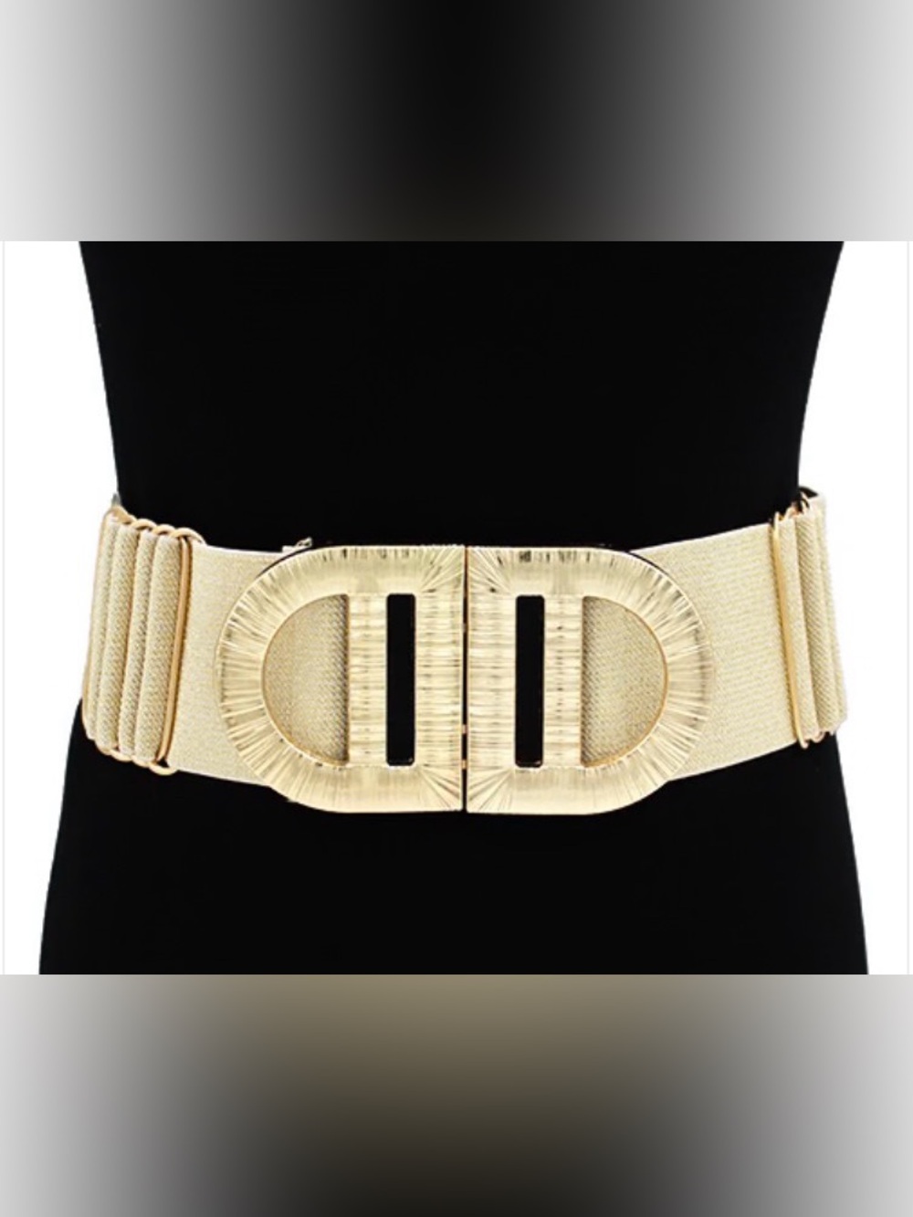 Gold Tone Elastic Belt with Decorative Double-D Ring Buckle